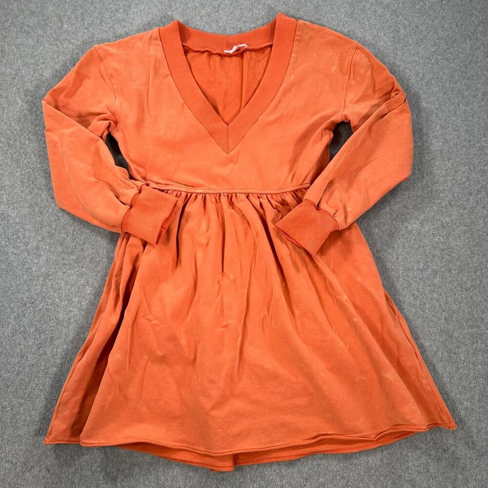 BaeVely V-Neck Mini Dress Size Small Orange Gathered Waist Long Sleeve Distresse
